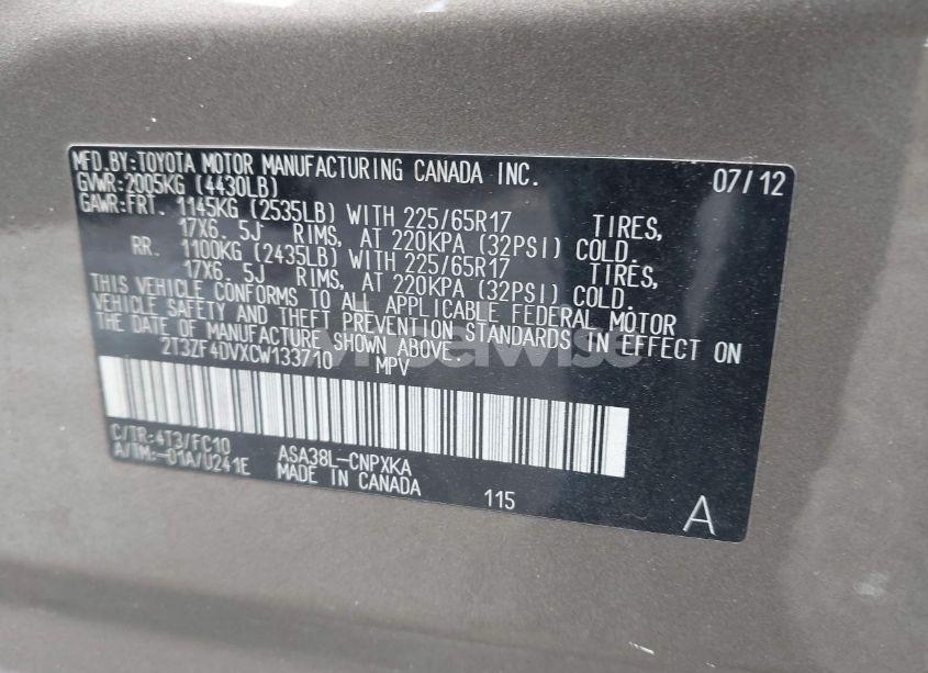 Photo 9 of 2012 Toyota Rav4 (VIN 2T3ZF4DVXCW133710)