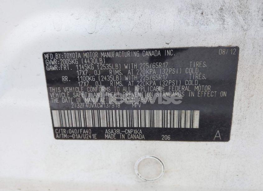 Photo 9 of 2012 Toyota Rav4 (VIN 2T3ZF4DVXCW137918)