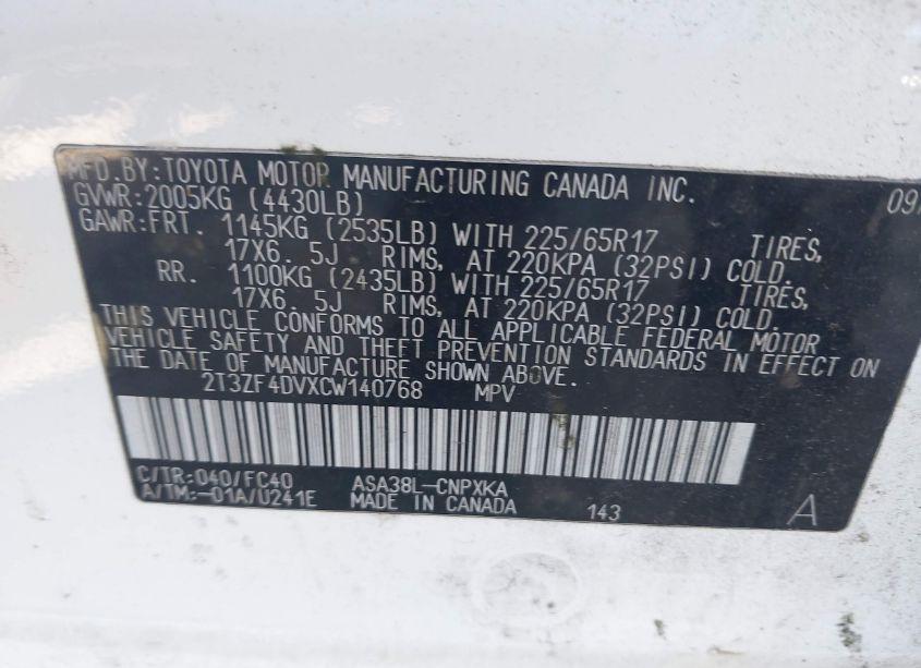 Photo 9 of 2012 Toyota Rav4 (VIN 2T3ZF4DVXCW140768)