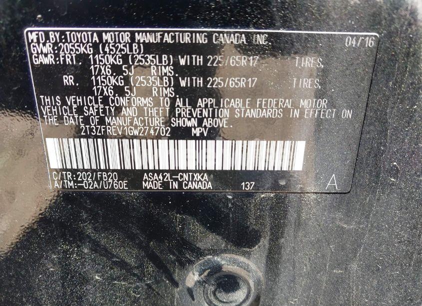 Photo 9 of 2016 Toyota Rav4 LE (VIN 2T3ZFREV1GW274702)