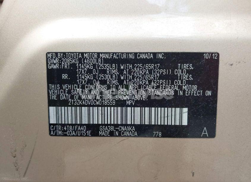 Photo 9 of 2012 Toyota Rav4 BASE V6 (VIN 2T3ZK4DV0CW018559)