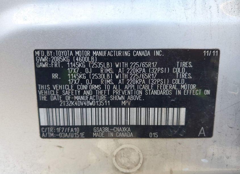 Photo 9 of 2011 Toyota Rav4 BASE V6 (VIN 2T3ZK4DV4BW013511)