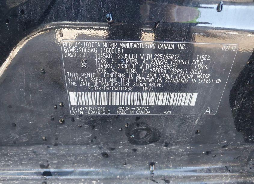 Photo 9 of 2012 Toyota Rav4 BASE V6 (VIN 2T3ZK4DV4CW014868)