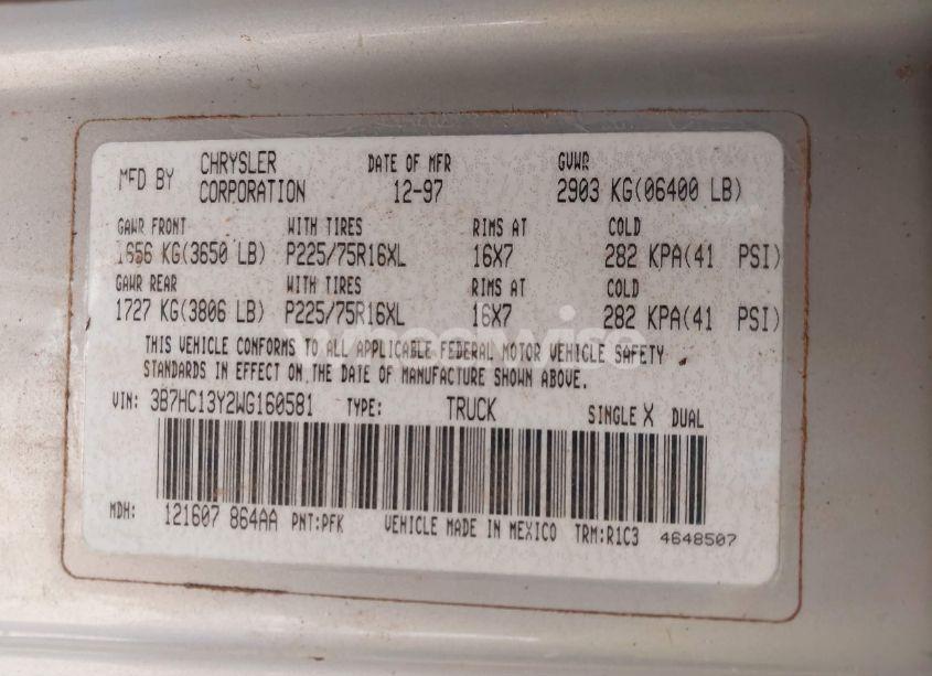 Photo 9 of 1998 Dodge Ram 1500 ST (VIN 3B7HC13Y2WG160581)