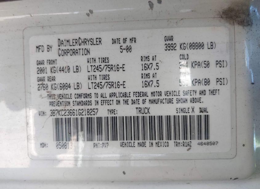 Photo 9 of 2001 Dodge Ram 2500 ST (VIN 3B7KC23661G218257)