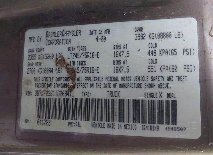 Photo 9 of 2001 Dodge Ram 2500 ST (VIN 3B7KF23611G209411)