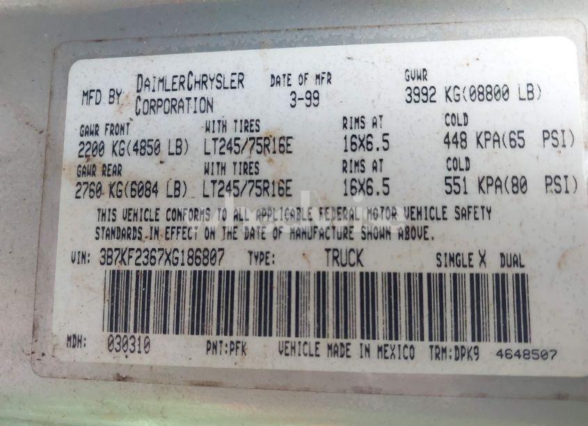 Photo 9 of 1999 Dodge Ram 2500 ST (VIN 3B7KF2367XG186807)