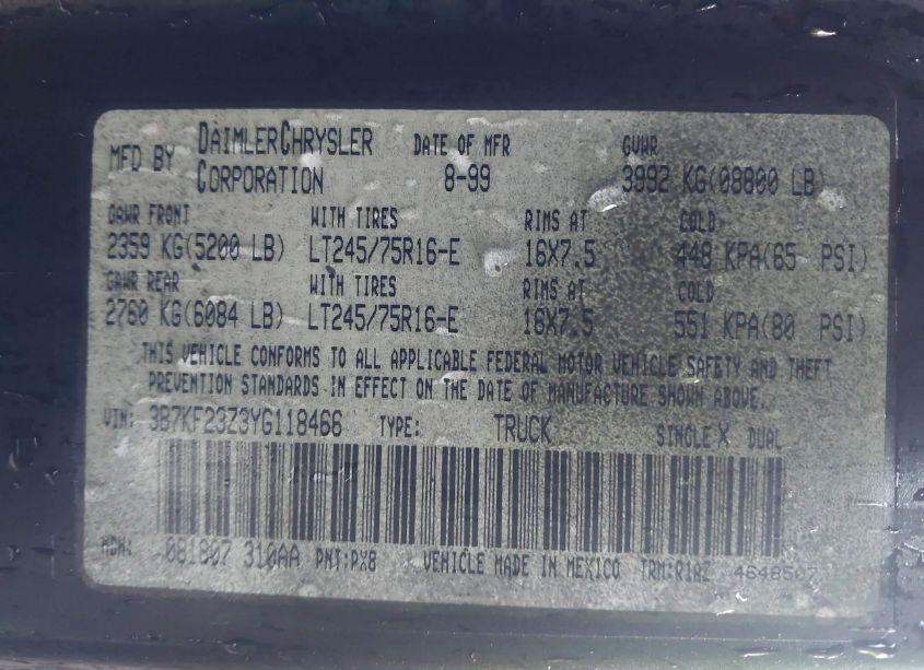 Photo 9 of 2000 Dodge Ram 2500 ST (VIN 3B7KF23Z3YG118466)