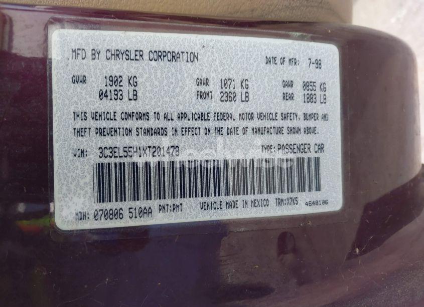 Photo 9 of 1999 Chrysler Sebring JXI (VIN 3C3EL55H1XT201478)