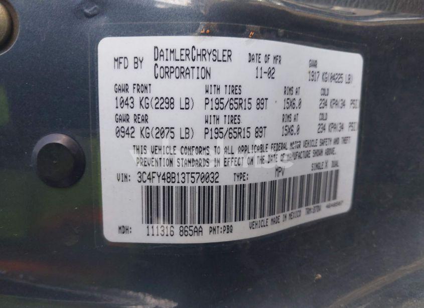 Photo 9 of 2003 Chrysler Pt CRUISER (VIN 3C4FY48B13T570032)