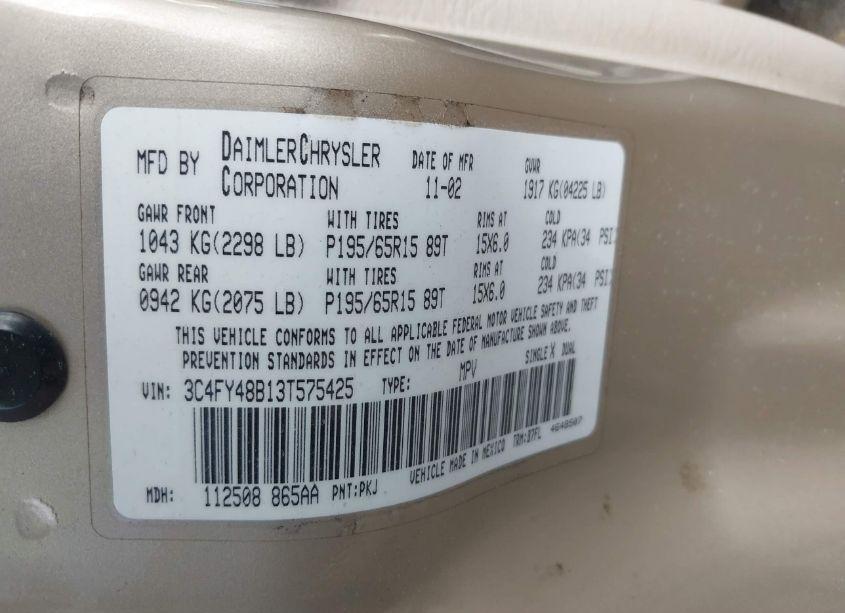 Photo 9 of 2003 Chrysler Pt CRUISER (VIN 3C4FY48B13T575425)