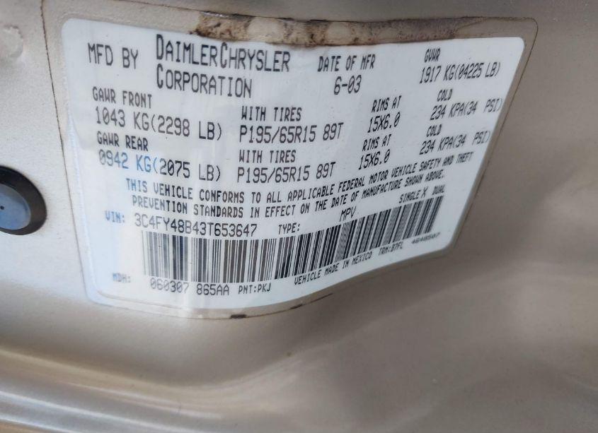 Photo 9 of 2003 Chrysler Pt CRUISER CLASSIC (VIN 3C4FY48B43T653647)