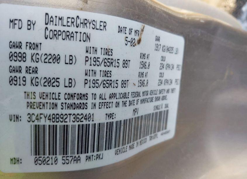 Photo 9 of 2002 Chrysler Pt CRUISER (VIN 3C4FY48B92T362401)