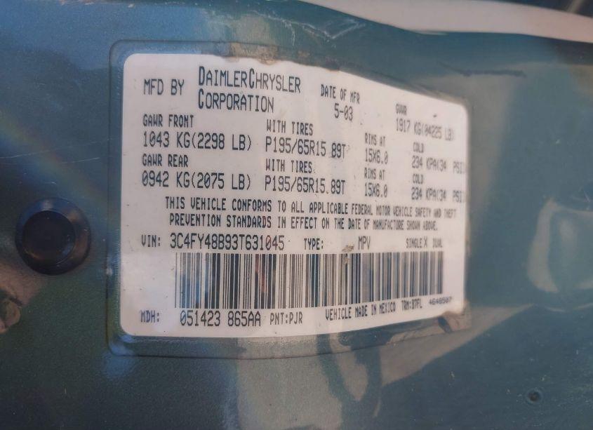 Photo 9 of 2003 Chrysler Pt CRUISER (VIN 3C4FY48B93T631045)