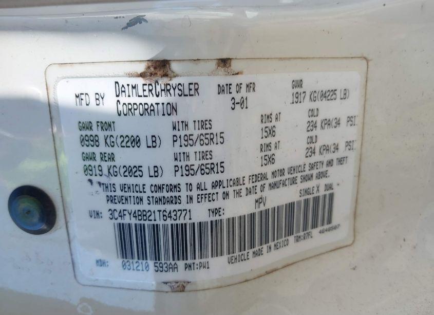 Photo 9 of 2001 Chrysler Pt CRUISER (VIN 3C4FY4BB21T643771)