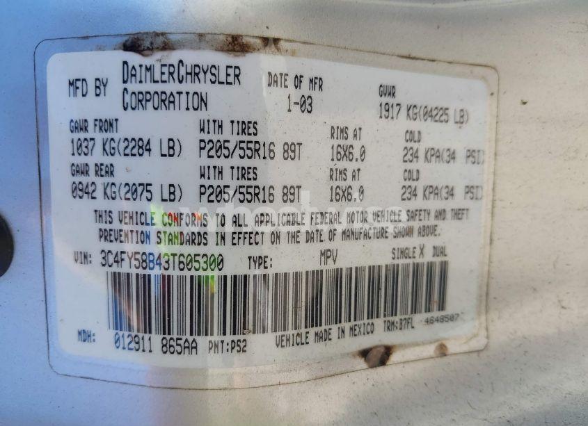 Photo 9 of 2003 Chrysler Pt CRUISER TOURING (VIN 3C4FY58B43T605300)