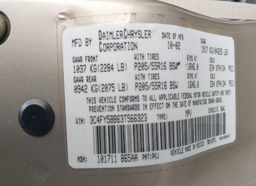 Photo 9 of 2003 Chrysler Pt CRUISER TOURING (VIN 3C4FY58B63T566323)