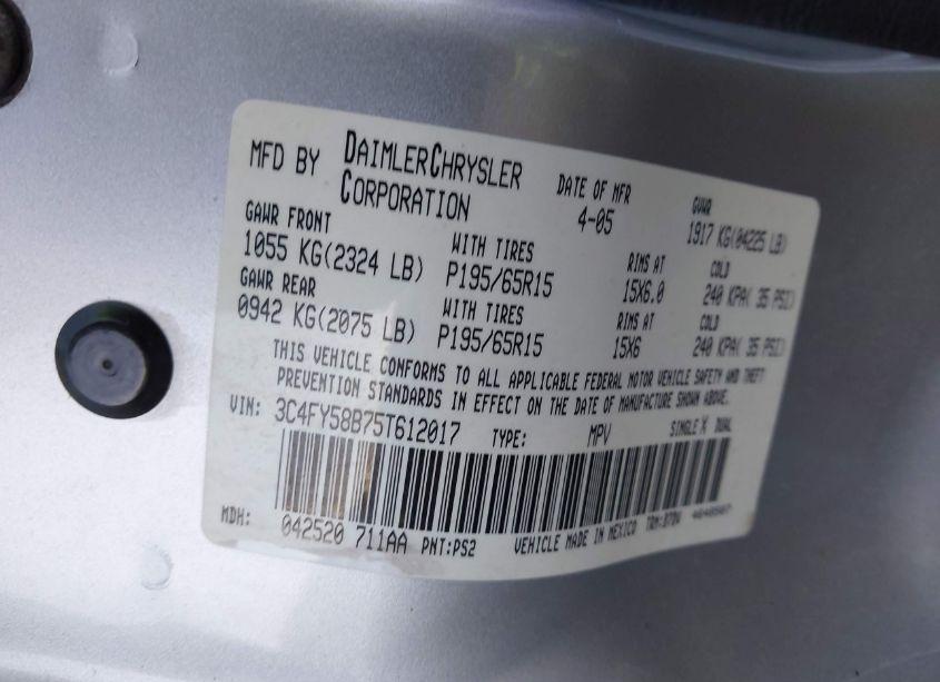 Photo 9 of 2005 Chrysler Pt CRUISER TOURING (VIN 3C4FY58B75T612017)