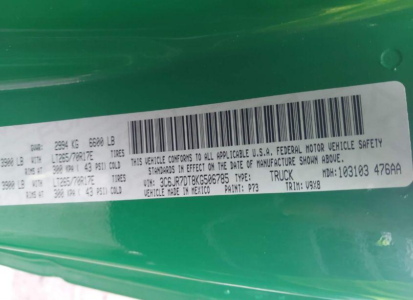 Photo 9 of 2019 Ram 1500 CLASSIC TRADESMAN 4X4 8' BOX (VIN 3C6JR7DT8KG506785)