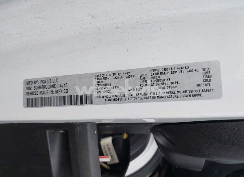 Photo 9 of 2022 Ram Promaster 3500 CARGO VAN HIGH ROOF 159 WB EXT (VIN 3C6MRVJG0NE114716)