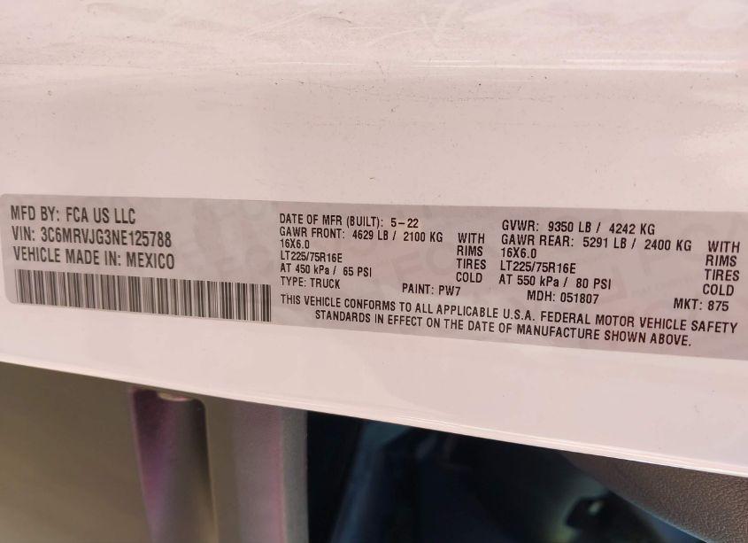 Photo 9 of 2022 Ram Promaster 3500 CARGO VAN HIGH ROOF 159 WB EXT (VIN 3C6MRVJG3NE125788)