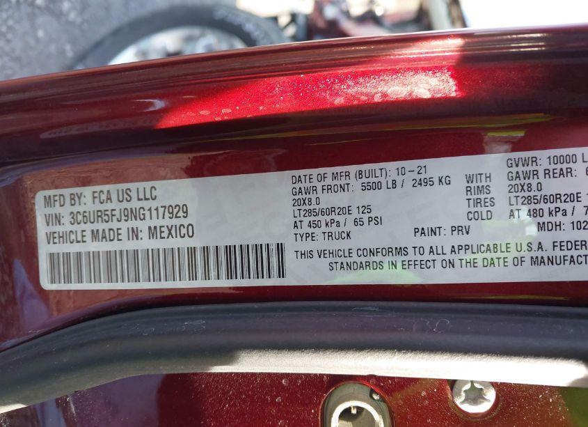 Photo 9 of 2022 Ram 2500 LARAMIE 4X4 6'4 BOX (VIN 3C6UR5FJ9NG117929)