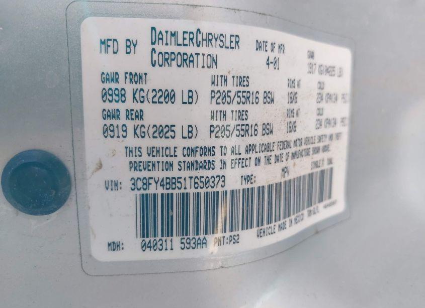 Photo 9 of 2001 Chrysler Pt CRUISER (VIN 3C8FY4BB51T650373)