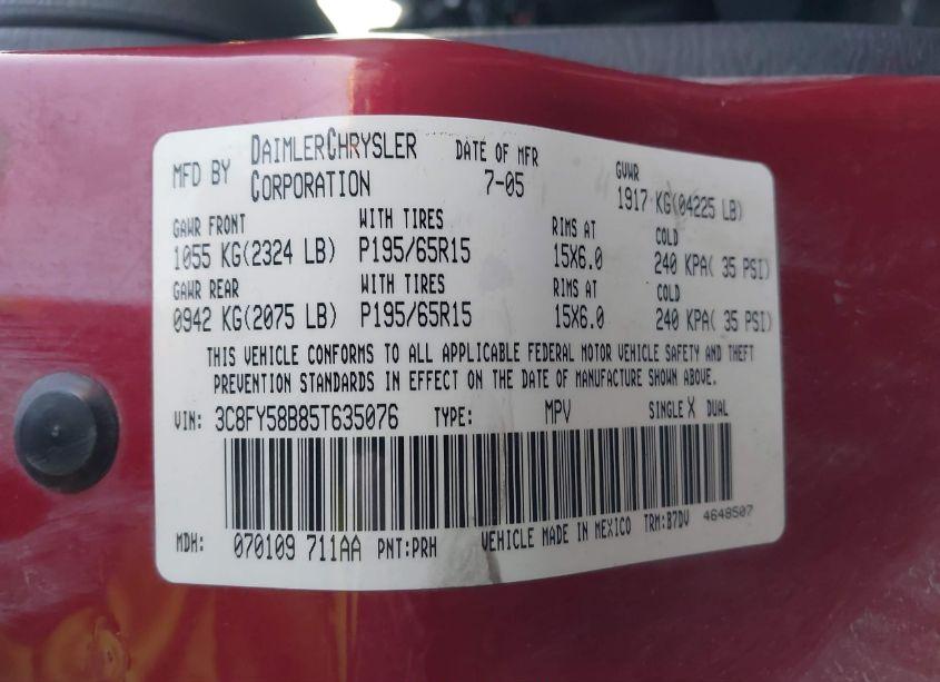 Photo 9 of 2005 Chrysler Pt CRUISER TOURING (VIN 3C8FY58B85T635076)