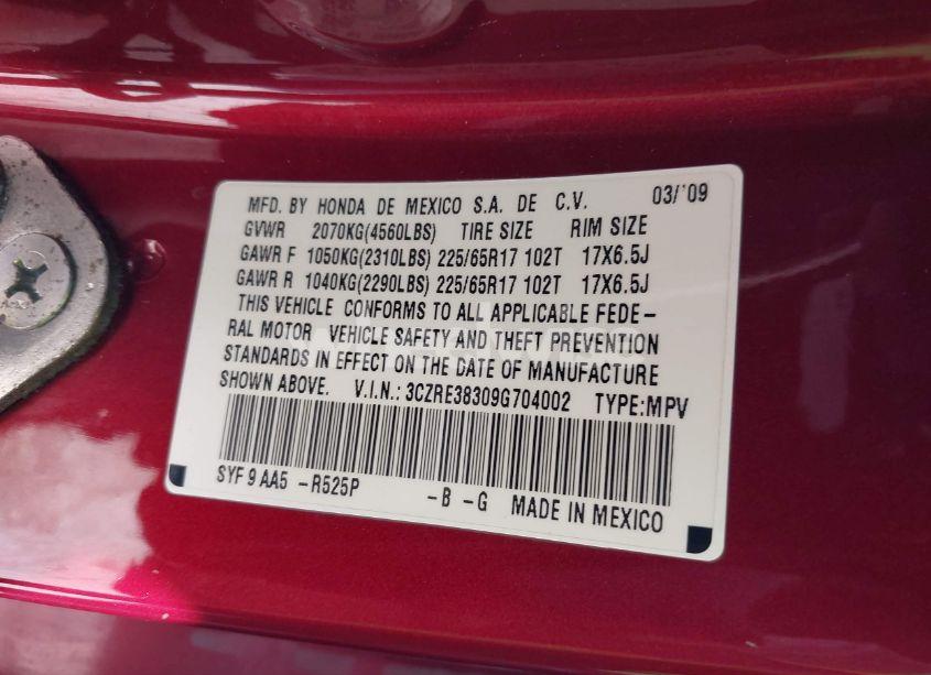 Photo 9 of 2009 Honda Cr-v LX (VIN 3CZRE38309G704002)