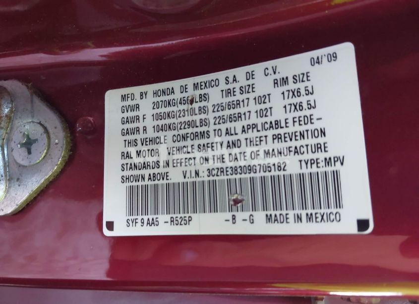 Photo 9 of 2009 Honda Cr-v LX (VIN 3CZRE38309G705182)