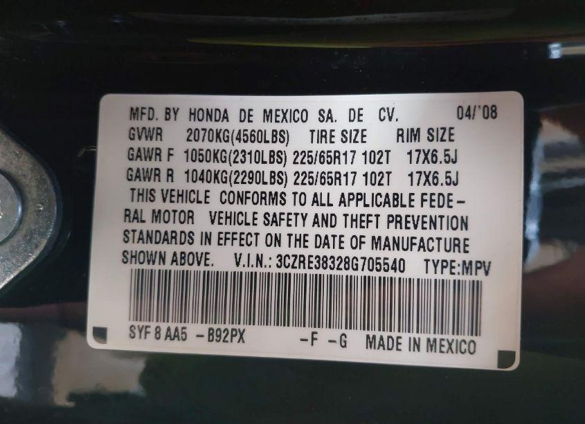 Photo 8 of 2008 Honda Cr-v LX (VIN 3CZRE38328G705540)
