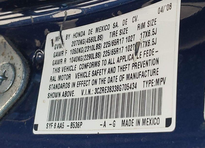 Photo 9 of 2008 Honda Cr-v LX (VIN 3CZRE38338G705434)