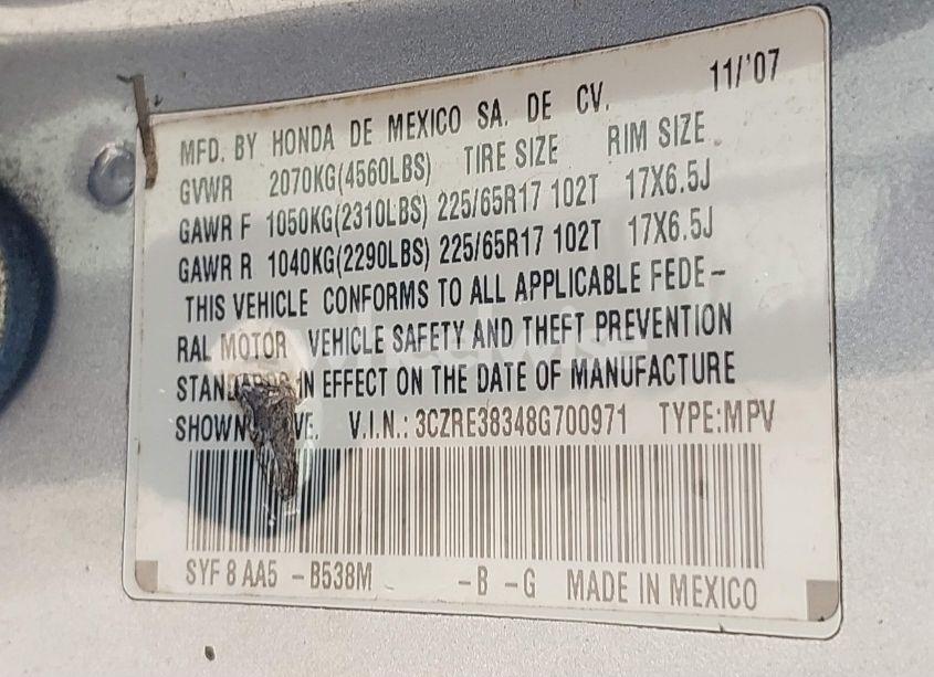 Photo 9 of 2008 Honda Cr-v LX (VIN 3CZRE38348G700971)