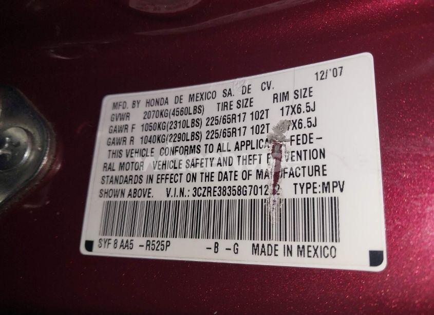 Photo 9 of 2008 Honda Cr-v LX (VIN 3CZRE38358G701272)