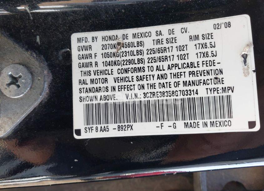 Photo 9 of 2008 Honda Cr-v LX (VIN 3CZRE38358G703314)