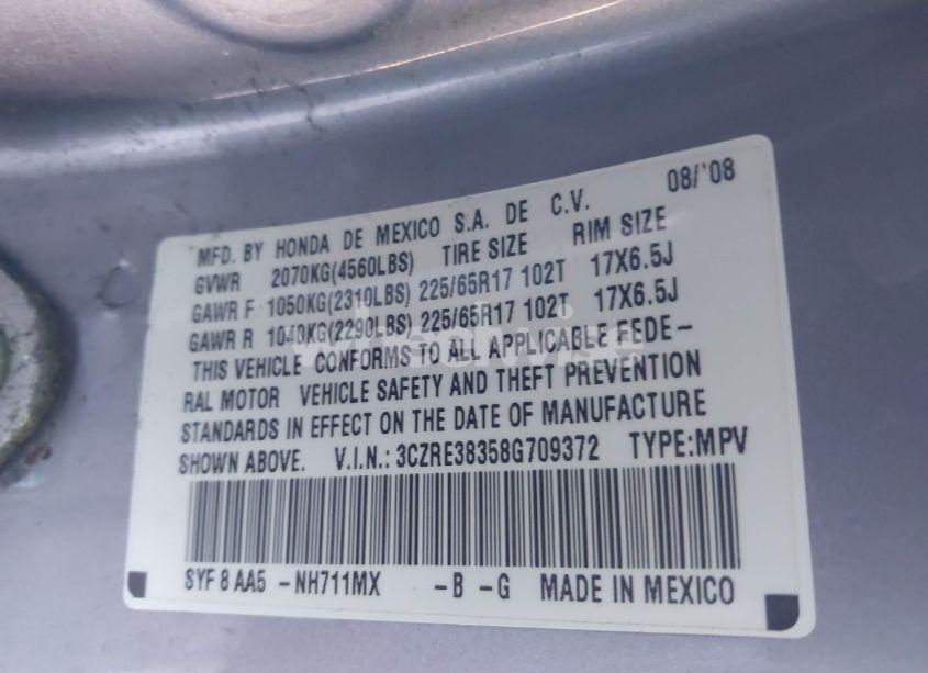 Photo 9 of 2008 Honda Cr-v LX (VIN 3CZRE38358G709372)