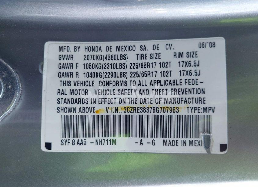 Photo 9 of 2008 Honda Cr-v LX (VIN 3CZRE38378G707963)