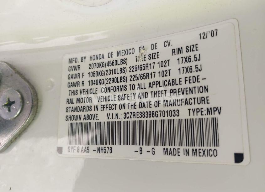 Photo 9 of 2008 Honda Cr-v LX (VIN 3CZRE38398G701033)