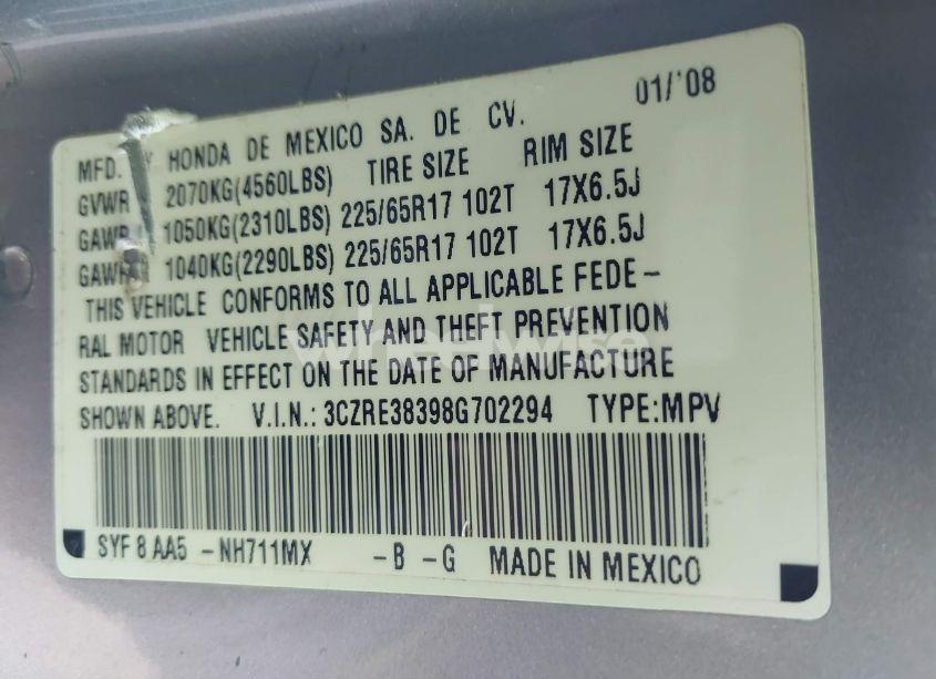 Photo 9 of 2008 Honda Cr-v LX (VIN 3CZRE38398G702294)