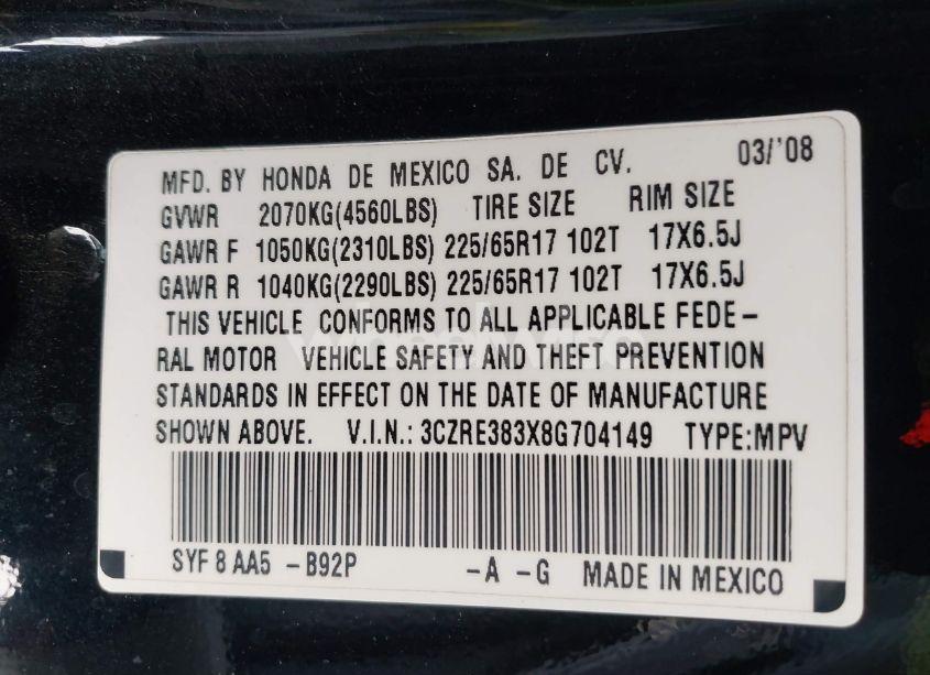 Photo 9 of 2008 Honda Cr-v LX (VIN 3CZRE383X8G704149)