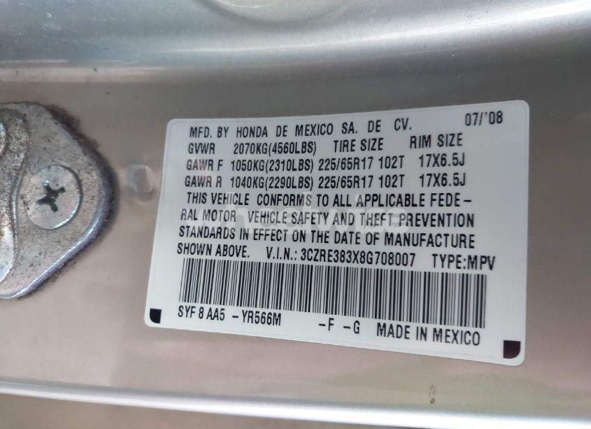 Photo 9 of 2008 Honda Cr-v LX (VIN 3CZRE383X8G708007)