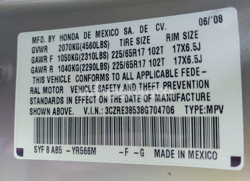 Photo 9 of 2008 Honda Cr-v EX (VIN 3CZRE38538G704706)