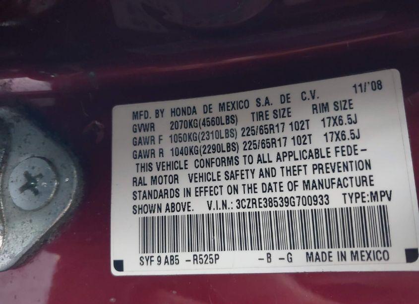 Photo 9 of 2009 Honda Cr-v EX (VIN 3CZRE38539G700933)