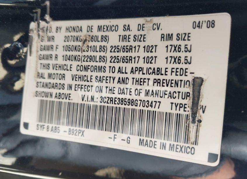 Photo 9 of 2008 Honda Cr-v EX (VIN 3CZRE38598G703477)