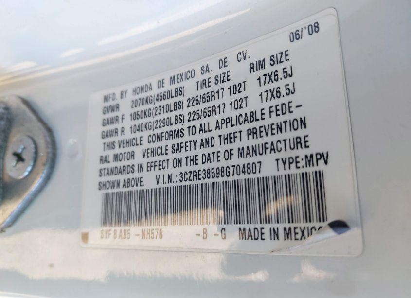 Photo 9 of 2008 Honda Cr-v EX (VIN 3CZRE38598G704807)