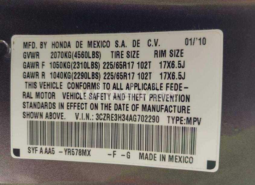 Photo 9 of 2010 Honda Cr-v LX (VIN 3CZRE3H34AG702290)