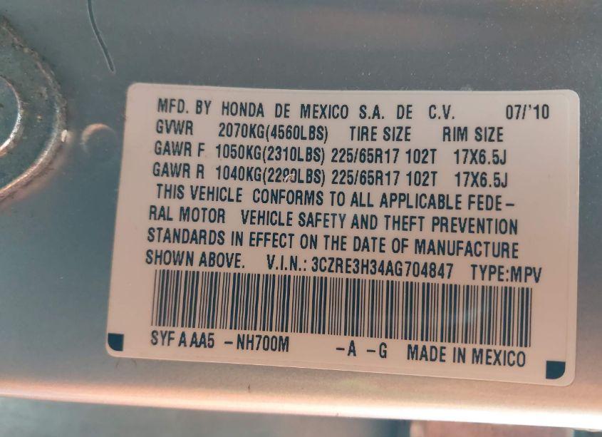 Photo 9 of 2010 Honda Cr-v LX (VIN 3CZRE3H34AG704847)