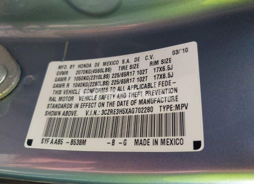 Photo 9 of 2010 Honda Cr-v EX (VIN 3CZRE3H5XAG702280)