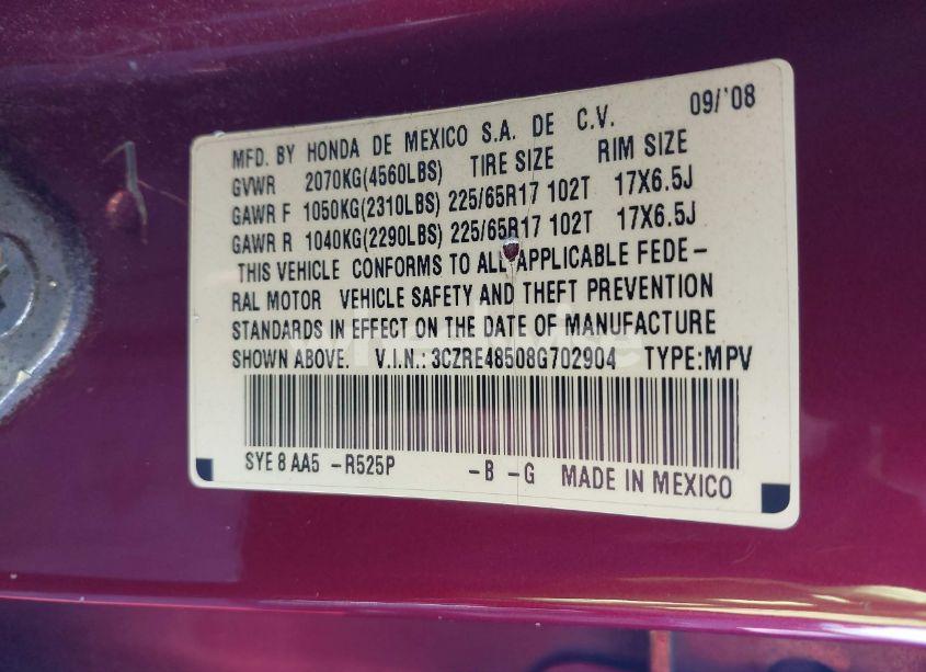 Photo 9 of 2008 Honda Cr-v EX (VIN 3CZRE48508G702904)