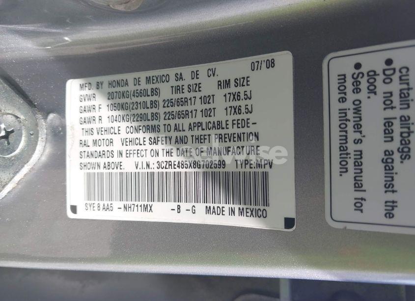 Photo 9 of 2008 Honda Cr-v EX (VIN 3CZRE485X8G702599)